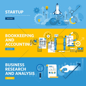 用于公司创业、财务、簿记和会计、业务研究和分析的平面设计网页横幅集