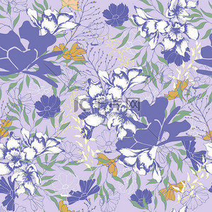 紫色背景图片_花卉复古纹理织物。紫色背景上的花朵和叶子的装饰。装饰织物、瓷砖、纸张和墙纸的复古纹理.