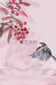 中国风花鸟红色水墨背景