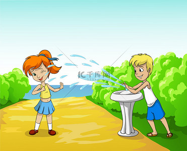 pc端首页男装背景图片_在夏季的一天，孩子们玩水