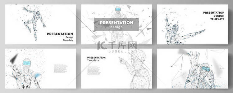 演示文稿幻灯片的可编辑布局的简约抽象向量插图设计业务模板。人与虚拟现实的眼镜。抽象 vr, 未来技术理念.