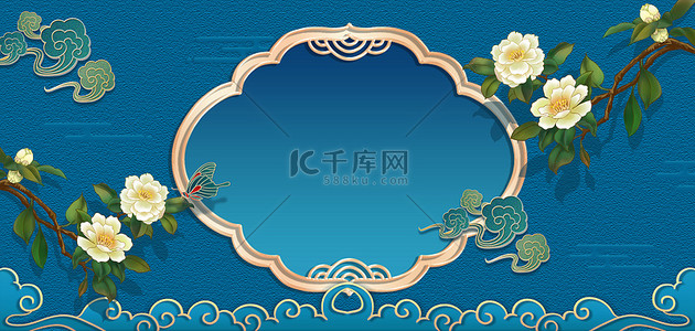 夏天蝴蝶背景图片_国潮山茶花浮雕边框蓝色中国风立体背景