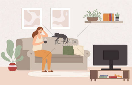 年轻女子看电视.女孩躺在沙发上喝咖啡杯和看电视节目系列矢量插图