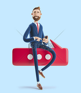 3d 插图。一个英俊的商人与电话和泡沫谈话的肖像。蓝色背景的对话概念.