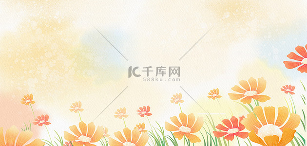 小花卉背景图片_春天水彩花卉橙色简约手绘水彩春季海报背景