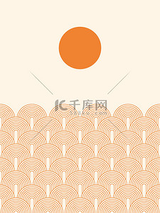 抽象的太阳。当代几何构图。Boho墙装饰。世纪中叶的艺术印刷品. 