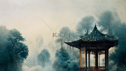林中背景图片_中国风园林中式建筑