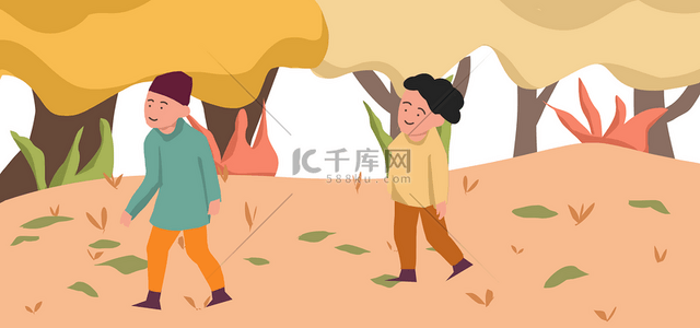 旅游女性背景图片_秋季人物散步卡通背景