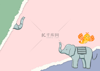 大象彩色纸张水彩动物撕纸背景