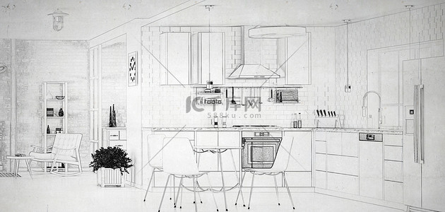 厨房装修手绘线稿效果图