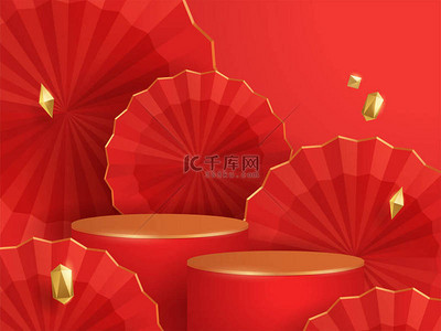 新年主题背景图片_以东方节日元素的纸质图形风格为背景的中国农历新年红色和金色主题平台场景3D图片说明，作为产品展示的背景。设计的宽复制空间.