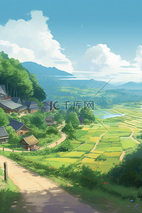 夏日云朵背景图片_夏天漫画风乡村风景背景