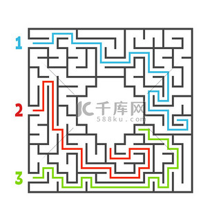 儿童背景图片_抽象方形迷宫。孩子们的游戏。儿童拼图。三个入口, 一个出口。迷宫难题。在白色背景查出的平的向量例证。有了答案。为您的形象提供位置