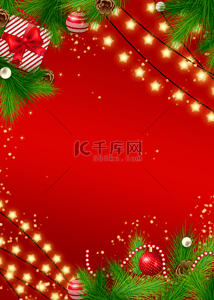 圣诞节明信片背景图片_圣诞节灯串礼物红色背景