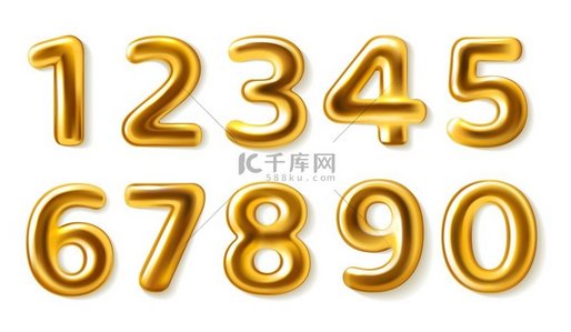 金色数字从零到九的逼真金属丰满数字光滑的金属奢华派对装饰贺卡和邀请函设计的三维圆形气球标志矢量隔离集金色数字来自的逼真金属丰满数字