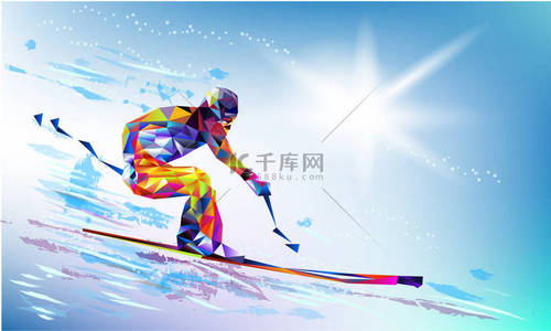 一个年轻男子的多边形五颜六色的身影在白色和蓝色的背景下滑雪。二十三年式冬季运动会几何三角形中的矢量插图蓝色背景