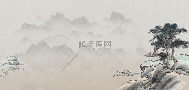 水墨山水树木中国风手绘工笔画