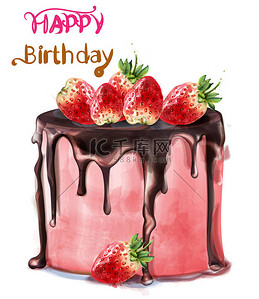美味的草莓蛋糕背景图片_生日快乐美味的草莓蛋糕矢量水彩。卡装饰