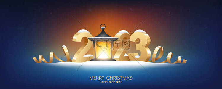 Happy New Year 2023. Golden 3D numbers with retro lantern, covered with snow on blue background. Holiday greeting card design.