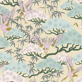 竹子背景图片_日本花纹与鹤, 盆景和竹子