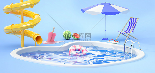 夏季游泳池西瓜蓝色c4d