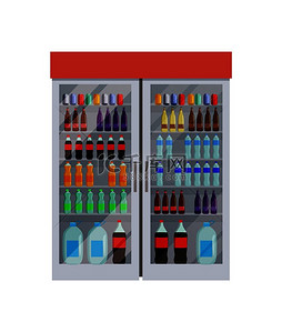 冰箱里装满了瓶装水，不同的饮料之王，可口可乐和芬达，容器中的液体，白色的矢量图解。
