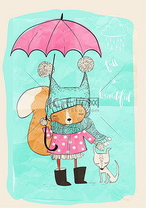 狗狗卡通图背景图片_可爱的女孩，与狗和伞