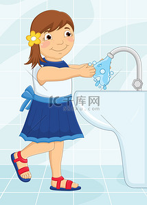 洗手台卡通背景图片_女孩洗手及传病媒介说明