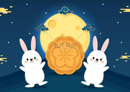 chinese背景图片_Chinese Mid autumn festival vector design with Mid Autumn Festival in chinese caption. Cute rabbit.