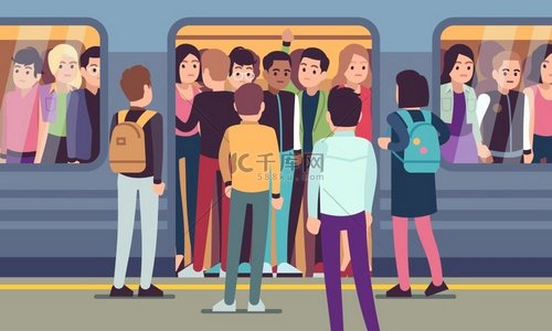 人们上地铁城市公共交通地铁站台乘客试图进入地下马车矢量拥挤的交通概念人们上地铁城市公共交通地铁站台乘客出行