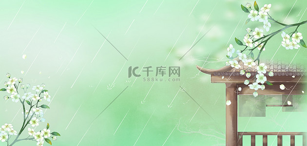 中国风谷雨海报背景图片_谷雨节气梨花亭子绿色古风谷雨海报背景