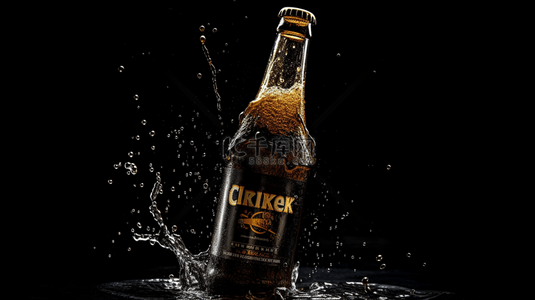 一瓶啤酒被喷洒在水中创意背景
