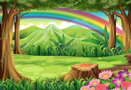 森林丛林背景图片_一条彩虹和一片森林