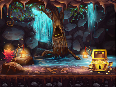 工业背景图片_幻想洞穴瀑布、 树、 藏宝箱