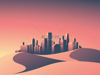 现代城市景观与摩天大楼天际线在夕阳的颜色。沙漠风景与热环境.