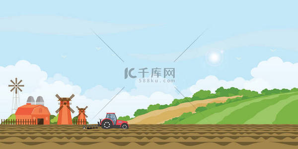 背景图片_农民在耕地和农舍里驾驶拖拉机.