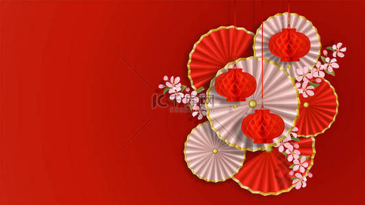 红背景图片_红白相间的藏红花、纸花、扇子和灯笼