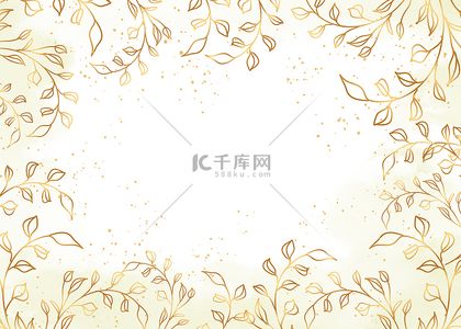 卡通森林元素背景图片_抽象素描叶子金色线稿植物背景