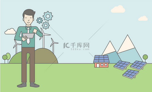 工人背景背景图片_Man with solar panels and wind turbines.