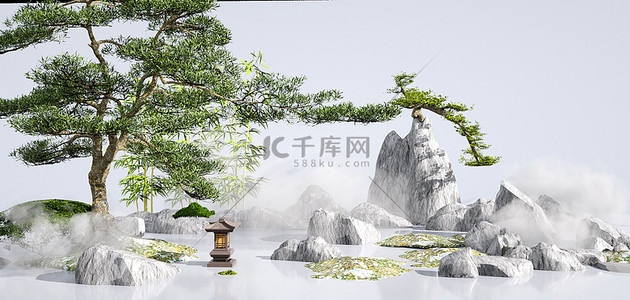 中式背景山石松树c4d