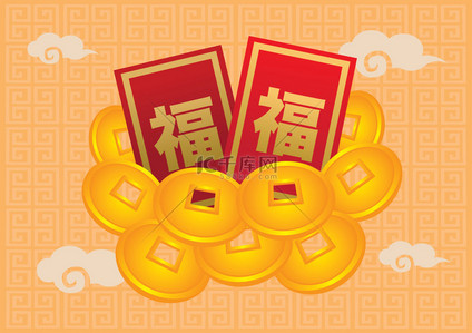 中国新年的红数据包和金币