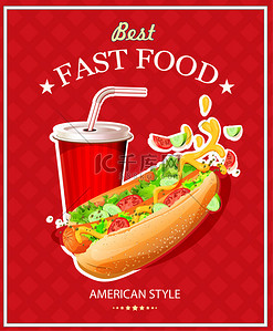 狗狗卡通图背景图片_快餐食品。热狗和可乐。矢量图。复古风格的海报.