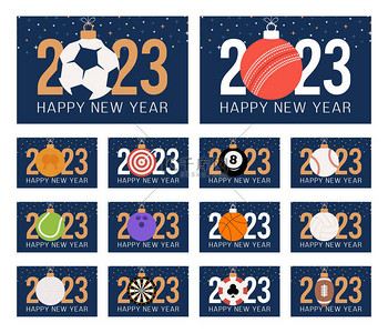 2023新年和圣诞节体育横幅设置。收集圣诞贺卡，以运动球为圣诞球，蓝色背景，号码2023 。矢量图集.