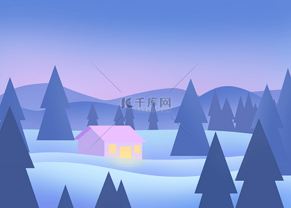 大山房子背景图片_雪地冬天自然风景蓝色紫色雪景背景