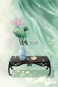 古风插画背景背景图片_立夏荷花 绿色古风山水背景