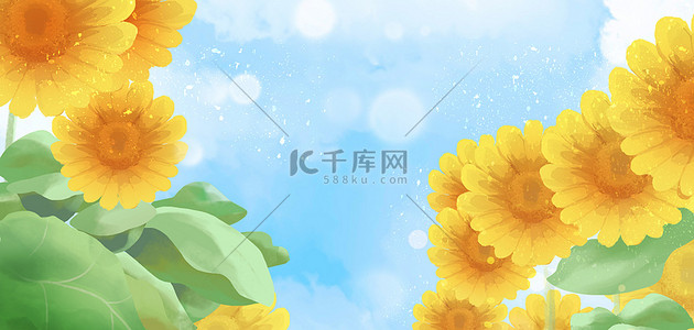 夏天背景图片_立夏向日葵  蓝色卡通夏季风景海报