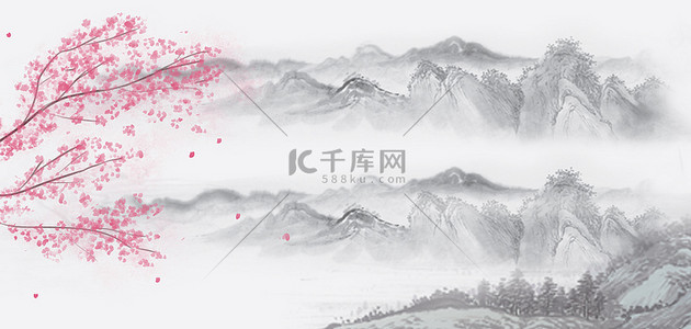 水墨中国风淡雅背景图片_中国风水墨群山淡雅中式国风banner