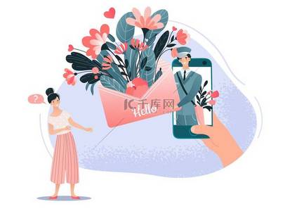 背景图片_Hello spring postman letter mail flowers bouquet elements on white background cartoon people man and woman vector illustration. Female and male spring time love news