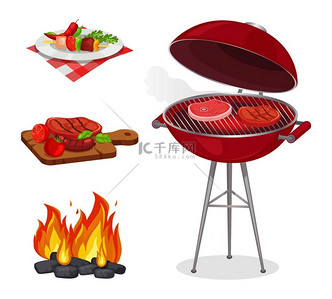 烤肉格栅上的孤立图标集矢量火焰和牛肉放在盘子和木板上配蔬菜和蔬菜烤肉套装矢量插图