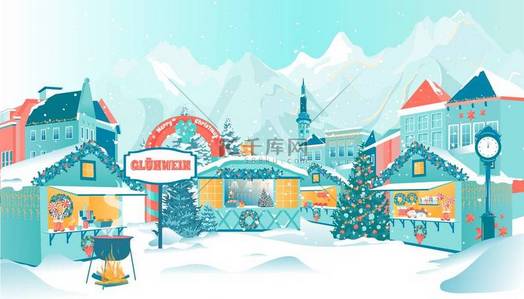 圣诞背景图片_冬季城市广场的卡通圣诞展会